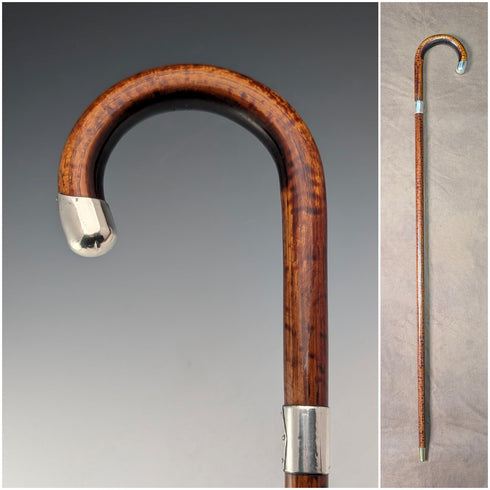 1925年 英国アンティーク 茶軸 曲がりハンドル 純銀装飾 軽量ステッキ 杖 86cm C&S